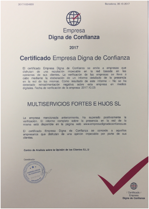 Multiservicios Fortes obtiene el «Certificado de Empresa Digna de Confianza»